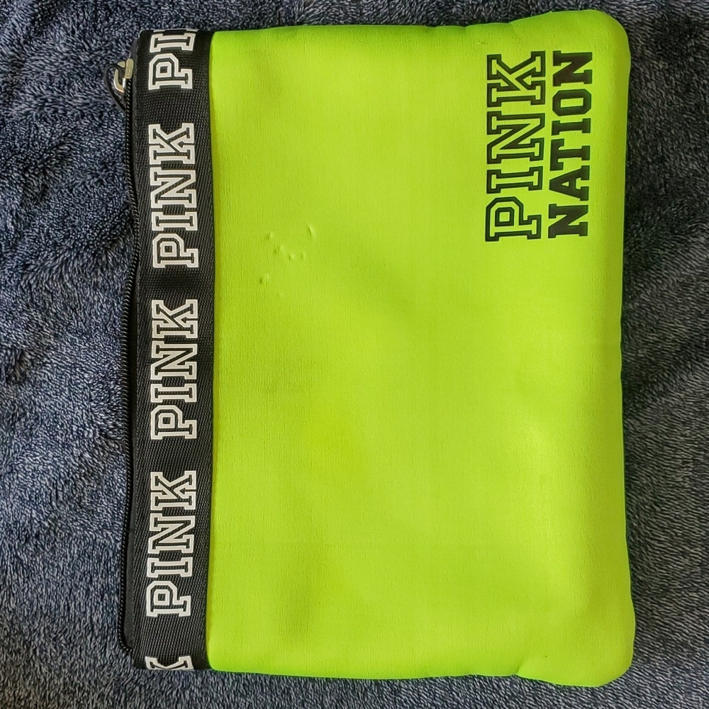 VS pink makeup bag, neon green